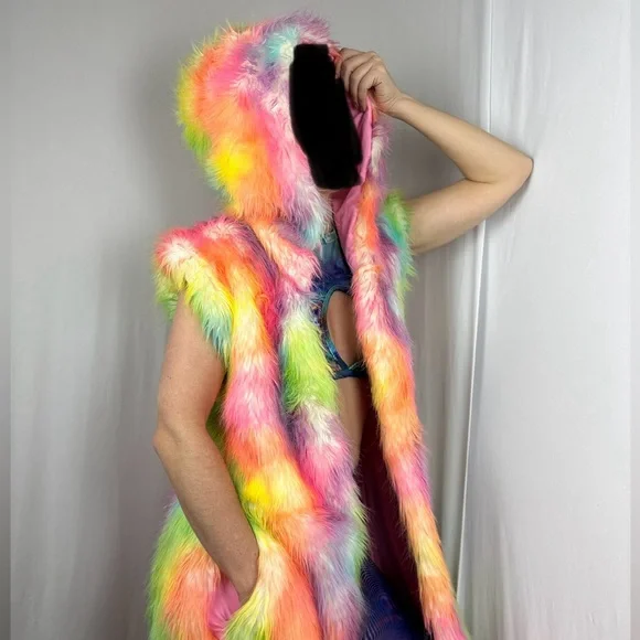 LONG Fur LED Glowing Light Up Coat Burning Man Rave Festival Rainbow Pastel EDC - Picture 12 of 16